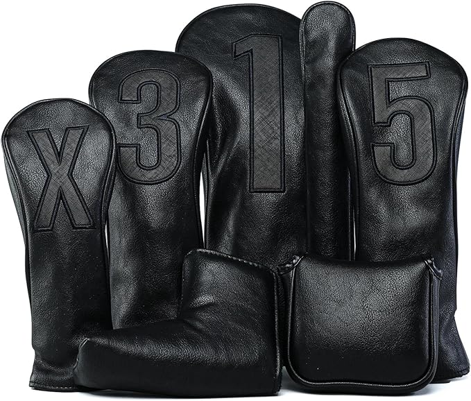 Golf Club Covers – Blackout Leather Driver Headcover, Fairway Wood, 3 Wood, Hybrid, Fits Mallet Blade Putter Head Covers Alignment Stick Cover