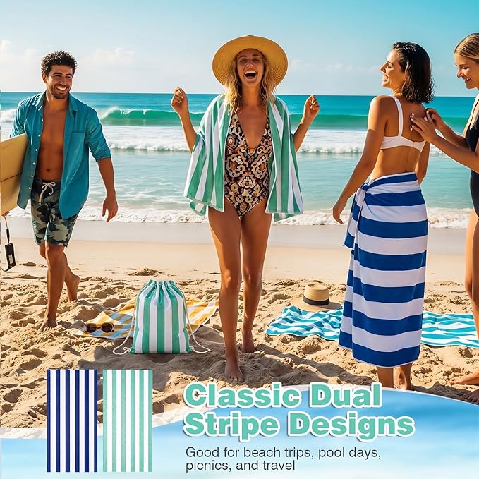 2 Pcs 2-in-1 Stripe Beach Towel Backpack, 31.5 x 63 Foldable Lightweight Microfiber Towel Bag Quick Dry Sand-Resistant Towels for Pool Camping Yoga Travel (Dark Blue,Green)
