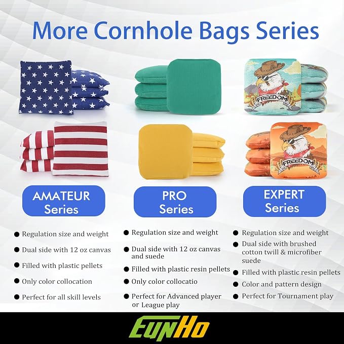 EunHo Regulation Cornhole Bags Set of 8 - Dual Sided Slick and Stick Cornhole Bean Bags for Tossing Game Professional All Weather Pro Corn Hole Bags with Tote Bag