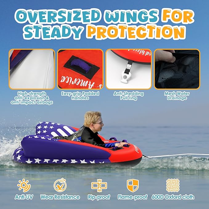 Towable Tubes for Boating - 2-3 Person Shark Battle Tank, Boat Tubes & Towables, EVA Foam Pads, Drainage, Super Safe Handle, Quick Connector