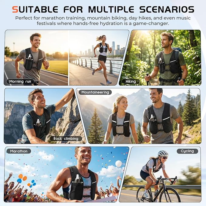Running Vest for Women Men, Adjustable Chest Straps Running Hydration Vest for Marathon Jogging Trail Race Cycling Hiking, Lightweight Reflective Hydration Backpack with 500ml Soft Flask