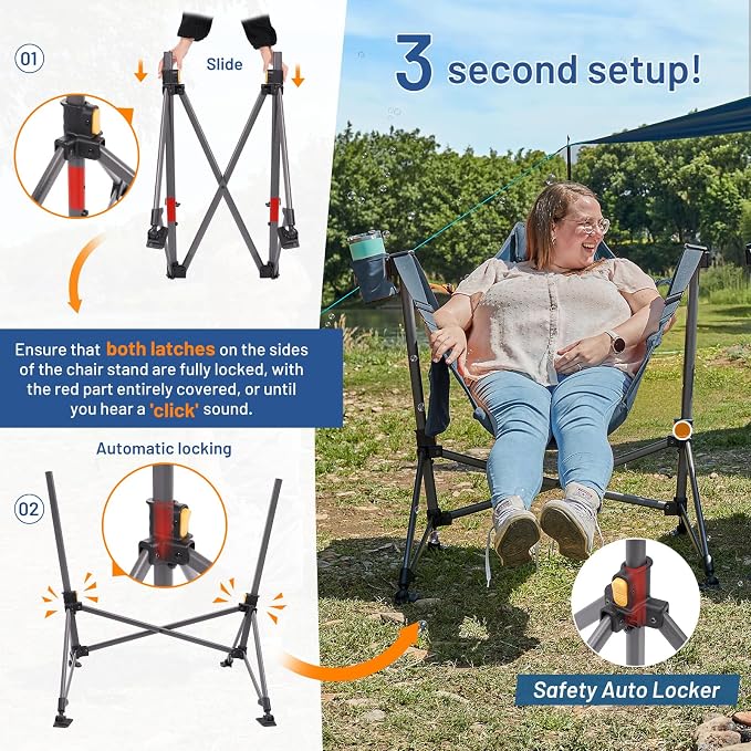 TIMBER RIDGE Oversized Hammock Camping Chair, Swinging Chair with Adjustable Back and Seat Height, Portable Folding Rocking Chair for Outdoor Lawn, Backyard and Patio, Supports 400lbs, Blue, 2 Pack