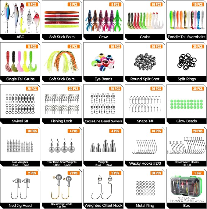 PLUSINNO Bass Fishing Lures Tackle Box Kit for All Water, 307 pcs | Pro Bass Fishing Gear Kit, for Freshwater Lake, Largemouth Bass, 6 Pre-rigged Jigs, Fishing Lure Set Gifts for Men Beginners