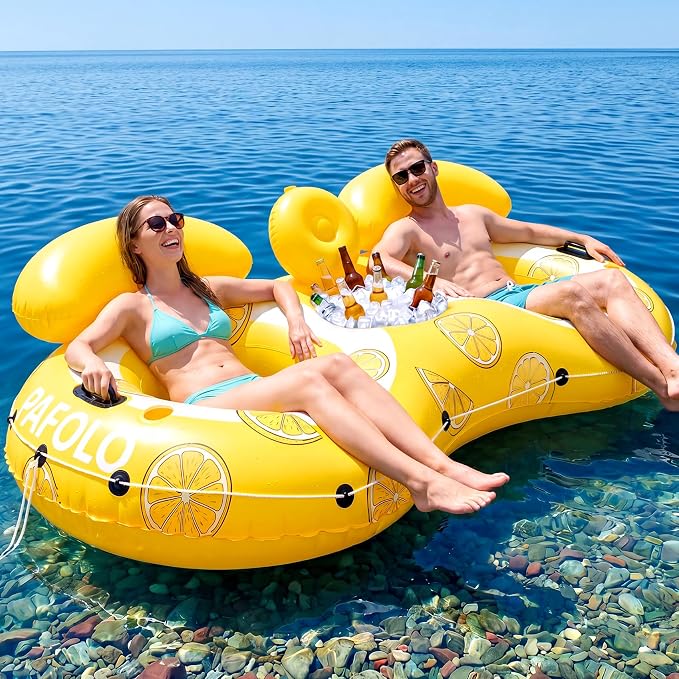 Pool Float Adult,2-Person Large Inflatable River Float, XL River Tubes for Floating Heavy Duty with Mesh Bottom, Comfortable Backrest & 2 Cup Holders & Durable Grab Handles,600 lbs Weight Capacity