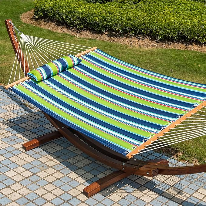 Lazy Daze 12 FT Quilted Fabric Double Hammock with Spreader Bars and Detachable Pillow, 2 Person Hammock for Outdoor Patio Backyard Poolside, 450 LBS Weight Capacity, Green/Blue Stripe