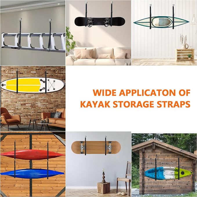 Kayak Storage Strap,Kayak Hanging Straps 1in/1.5in Wide,Adjustable Kayak Wall Mount Straps,Kayak Storage Strap System With Paddle Loops for Hanging 1or 2 Kayak,Paddle Board,Surfboard,Canoe(2/4 Pack)