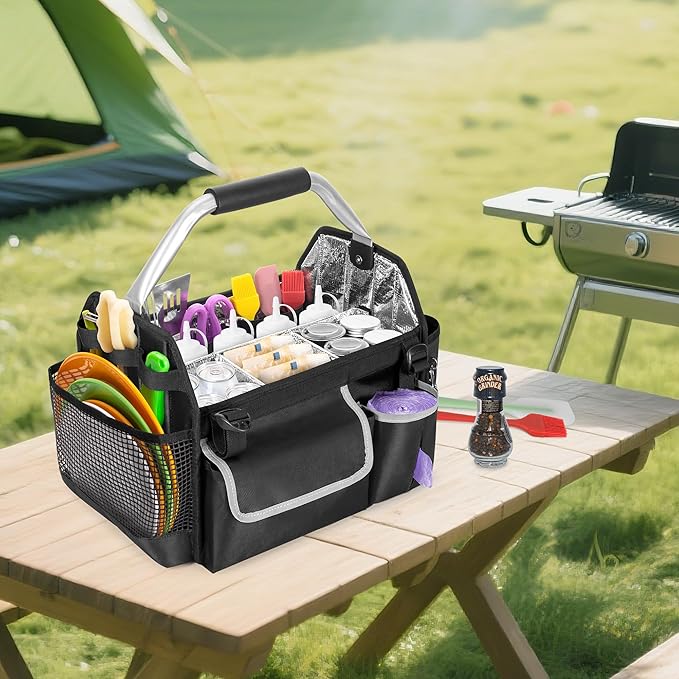 HODRANT Outdoor Grill Utensil Caddy, BBQ Tool Organizer with Divider & Support Pad for Tailgating Essentials, Picnic Storage Bag with Handle & Shoulder Strap for Camping Grill Accessories, Bag Only