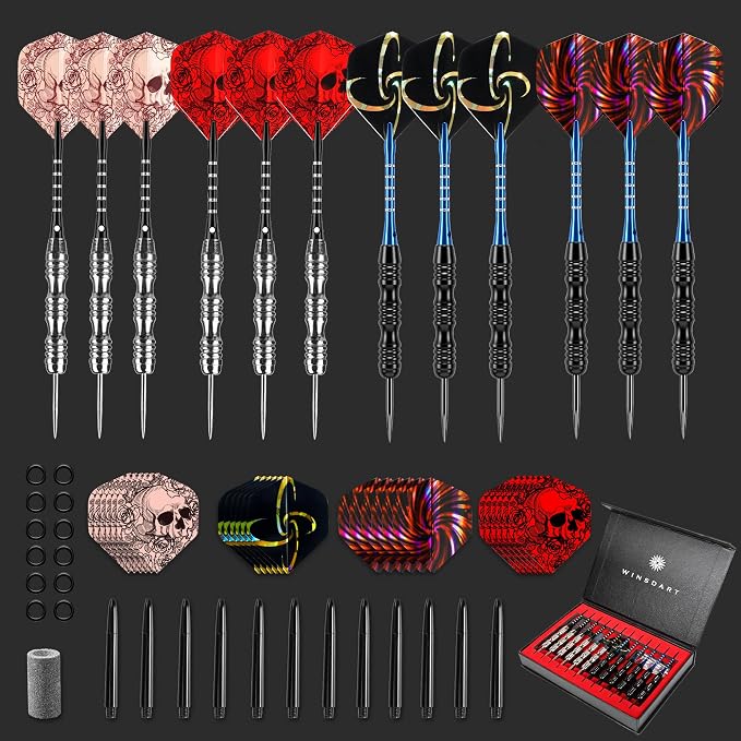 WINSDART Steel Tip Darts 12 Pack Set with Nonslip Iron Barrel Aluminum Dart Shafts and Flights Darts Sharpener an Gift Box