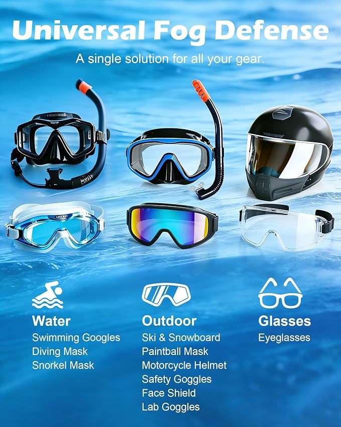 Safe Anti Fog Spray for Swim Goggles Glasses, 2 Pack Quick and Long-Lasting Defogger for Eye Glasses Swim Goggles Ski Goggles Snorkel Mask Scuba Diving Mask Motorcycle Helmet Visor Hockey Shield