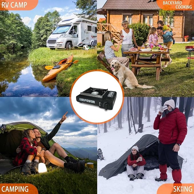 Propane or Butane Stove with Windblocker,Dual Fuel 10,000 BTU Propane Stove for Camping, Automatic Ignition Gas Portable Stove with Propane Adapter Hose Carrying Case for Outdoor (Fuel Not Included)