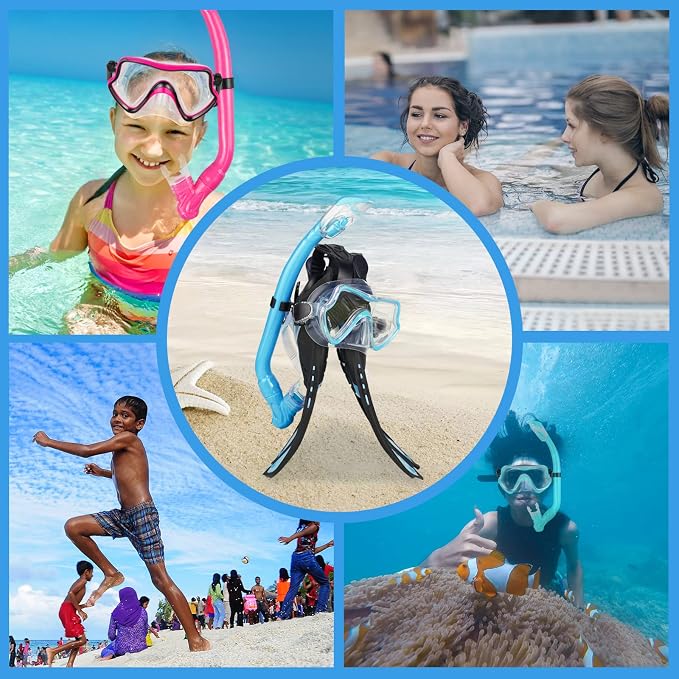 Kids Snorkeling Set - Adjustable Flippers + Panoramic Snorkel Mask + Dry Snorkel Tube + Travel Bags - Suitable for Kids & Juniors, Age 5-14
