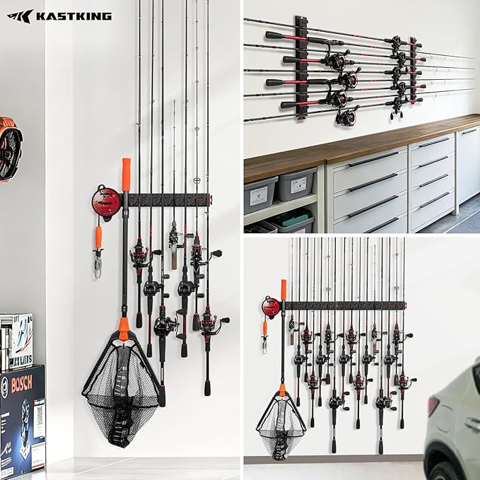 KastKing GravityLock Fishing Rod Holder, V8 & V9 2-Pack Wall Mounted Fishing Rod Rack, Holds up to 17 Fishing Rods or Combos, Universal Rod Storage System, Heavy-Duty Grip, Built-in Line Spooler