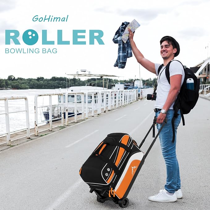 GoHimal Double Roller 2 Ball Bowling Bag with Separate Shoe Compartment for Bowling Shoes (Up To US Men Size 15) and Abundant multifunction Accessory Pocket, Upgraded fabric, Retractable Handle - Extends to 40"