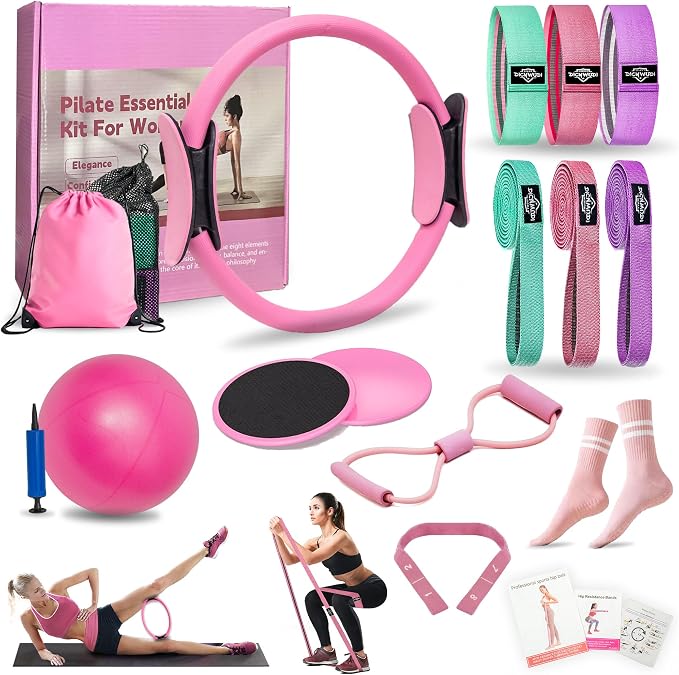 DICYWUDI Pilates Essentials Kit for Home Women, Pilates Equipment for Workouts, 6 Fabric Resistance Bands, 12 Inch Magic Circle Yoga Ring, Mini Exercise Ball, Great Exercise Equipment