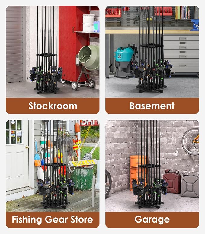 Roylvan Fishing Rod Holders for Garage, 360° Rotating Vertical Fishing Rod Rack, Metal Fishing Pole Stand Holds 16 Rods, Fishing Gear Equipment Storage Organizer for Ground, Fishing Gifts for Men