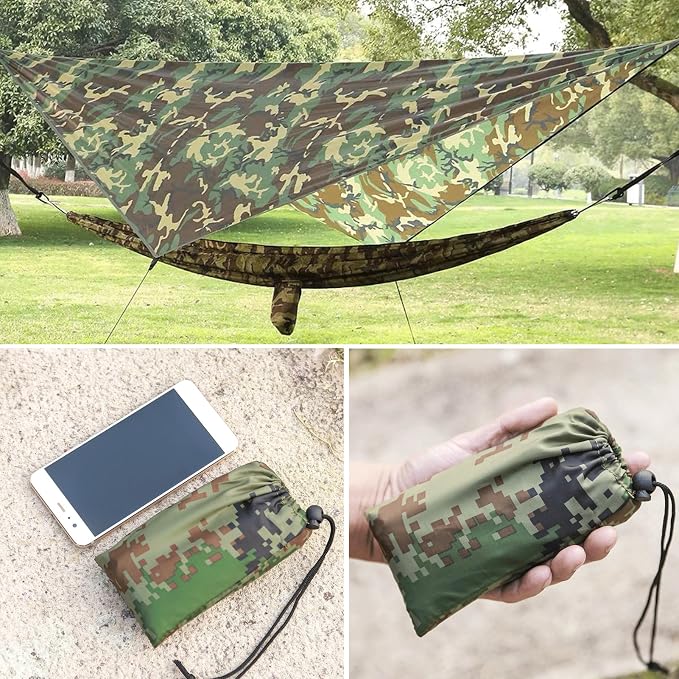 Azarxis Hammock Camping Tarp Rain Fly, Waterproof Tent Shelter Awning Sunshade Cloth Picnic Mat for Outdoor Hiking Beach Backpacking - Included Guy Lines & Stakes