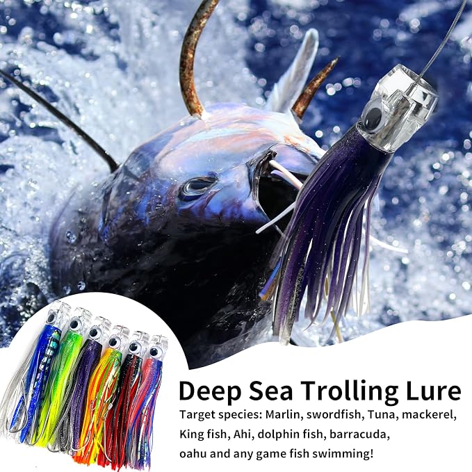YOTO Trolling Lure Saltwater,6.5/9 inch 6 pcs Squid Skirted Deep Sea Fishing Lure kit,Tuna,Marlin,Wahoo,Shark,Mahi Trolling Fishing Lures