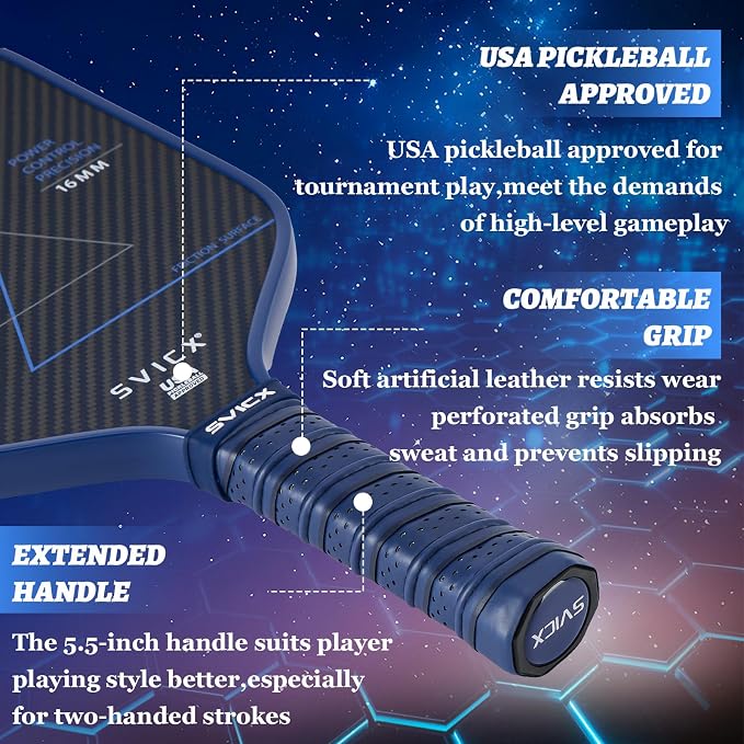 Carbon Fiber Pickleball Paddle 16mm – Professional Pickleball Paddles with Superior Control, Power & Spin – Extended Handle for Two-Handed Grip, USAPA Approved