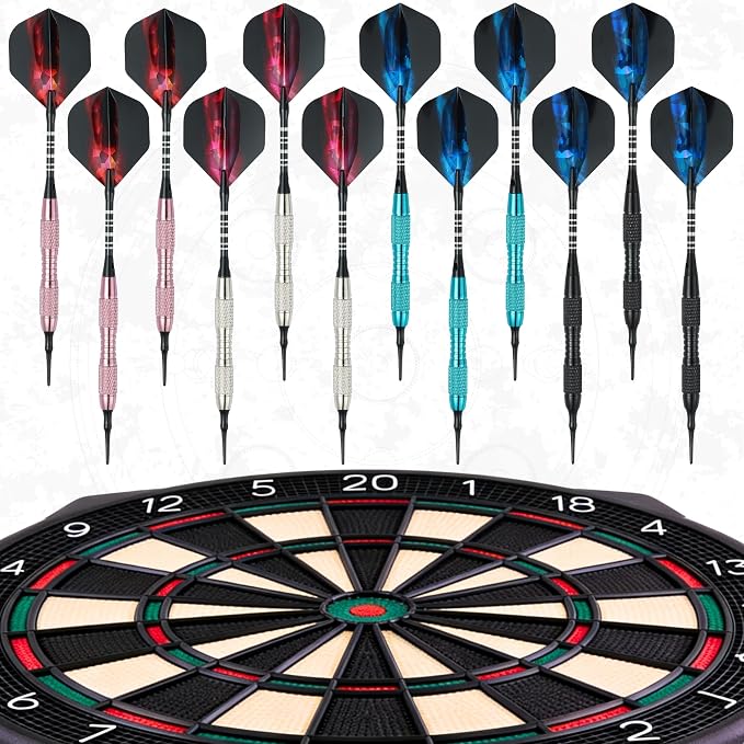 Soft Tip Darts Set with Gift Box Dart Case Professional Darts Plastic Tip with 100 Dart Tips 12 Shafts 24 Flights Tool Kit Flight Protectors for Electronic Dart Board