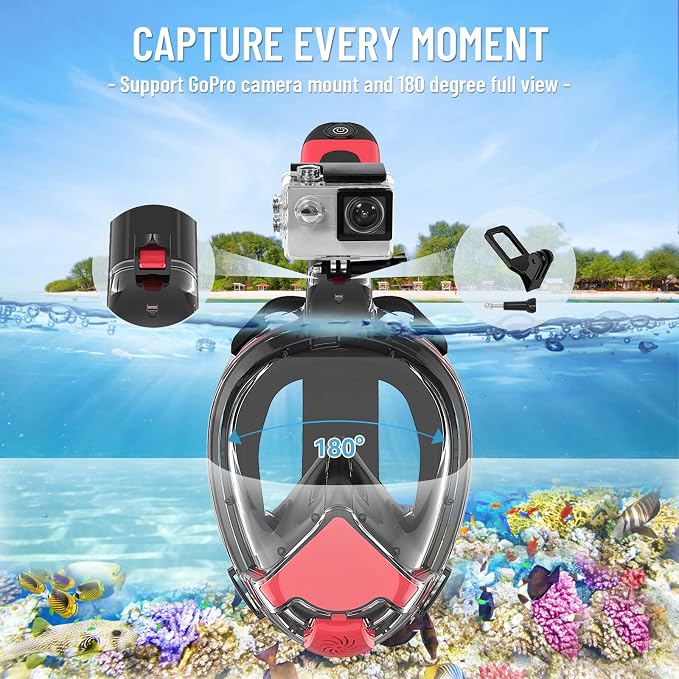 Electric Full Face Snorkel Mask for Adults, Fan-Assisted Airflow Snorkeling Gear, 180° Panoramic Anti-Fog View, Dry Top Leak-Resistant Design with Camera Mount for Beach Vacation