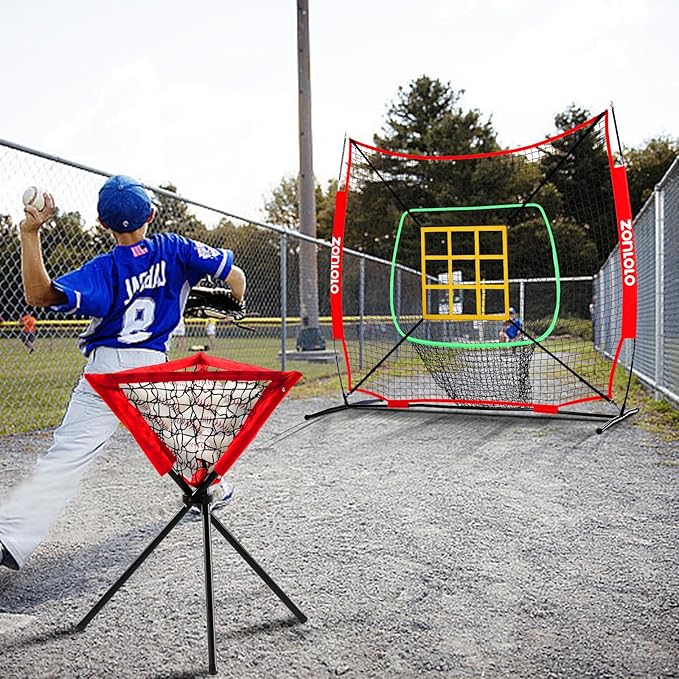 ZONLOLO 6x6ft Portable Baseball & Softball Net for Hitting,Pitching and Throwing, with Sturdy Bow Frame,Battting Tee,Ball Caddy and 2 Strike Zones, Perfect Pitching net for Kids!