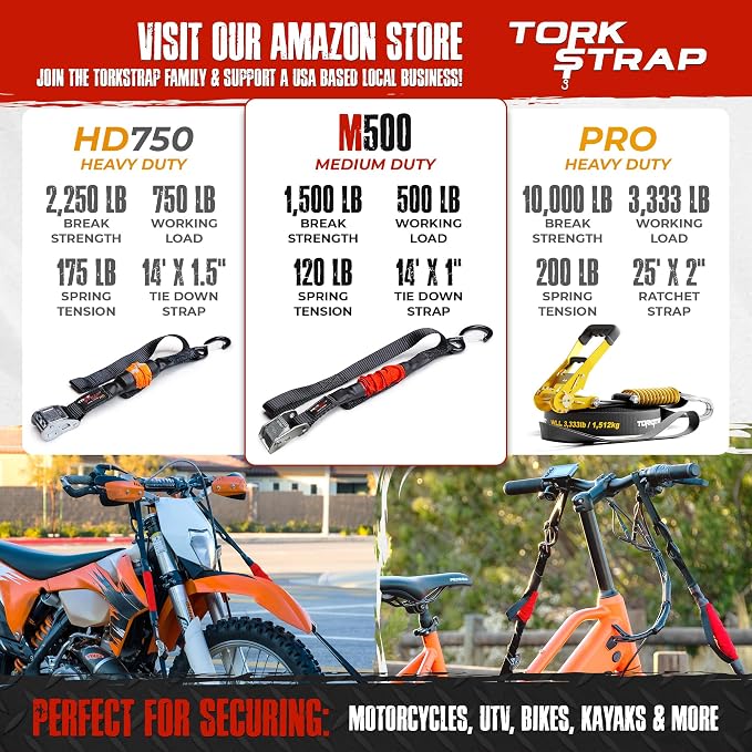 TorkStrap M500 | 14' x 1'' Self Tensioning Tie Down Straps - Automatically Adapt to Load Shifts - 1,500LB Break Strength - Pull Alternative to Ratchet Straps - Integrated Soft Loops & Hooks (4-PK)