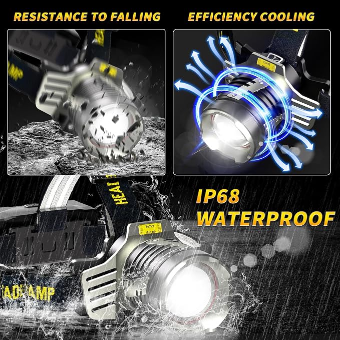 Rechargeable Headlamp, 3500 LM Super Bright Headlamp with Digital Display & 9 Lighting Modes, Includes Red Light for Night Vision, Battery Powered for Camping, Running, Hiking & Outdoor Activities