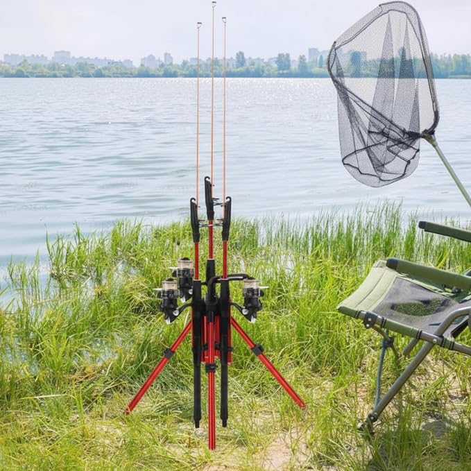 Gisafai Fishing Rod Carrier Surf Fishing Holder Foldable Pole Holder Stand 3 Rod Portable Vertical Beach Pole Storage Freestanding Rack for Fisherman Garage Home Outdoor