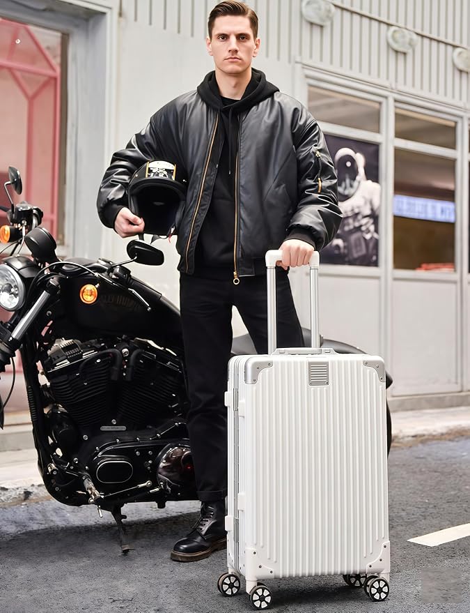 20 Inch Carry On Luggage with Aluminum Frame, Zipperless PC Hard Shell Suitcase with TSA Lock & 360° Spinner Wheels, Airline Approved Carry-On, White