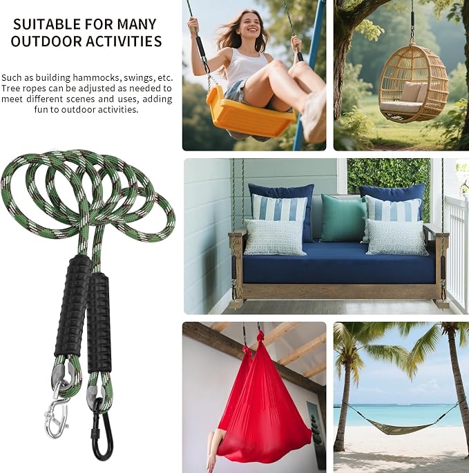 Heavy Duty Tree Swing Rope Hammock, Adjustable Extendable Hanging Strap Carabiners for Swing Hammock Playground Set Accessories 5.6ft(67") Green