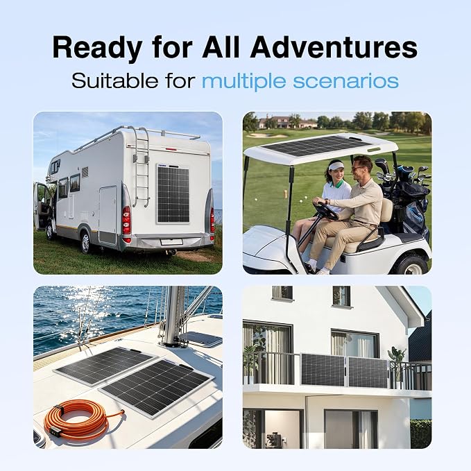 100W 12V Flexible Solar Panel 9BB Monocrystalline Cell 12 Volt Semi-Flexible for Marine RV Trailer Boat Cabin Van Car Uneven Surfaces 12V Battery Charge