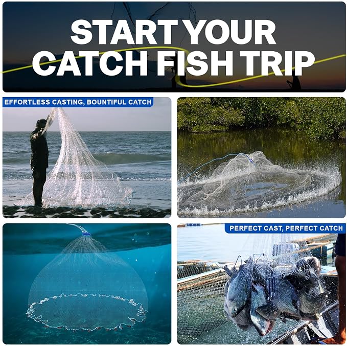Goture American Fishing Cast Net Saltwater Freshwater,3/8in Mesh Size Casting Net for Bait Fish Shrimp Trap,Heavy Duty Sinkers Dual Color Double Selvage,3ft-12ft Radius Throw Cast Net with Needle