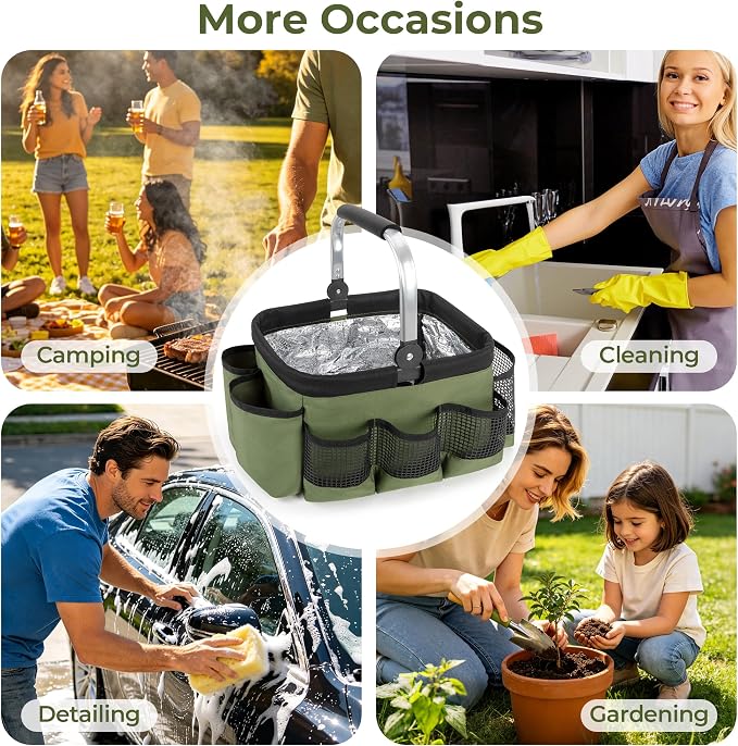 PGmoon Grill and Picnic Caddy, Foldable BBQ Tool Caddy with Rotated Handle, Multi-Pocket Grill Utensil Storage Bag for Outdoor Camping Picnic Patio Barbecue Accessories, Green