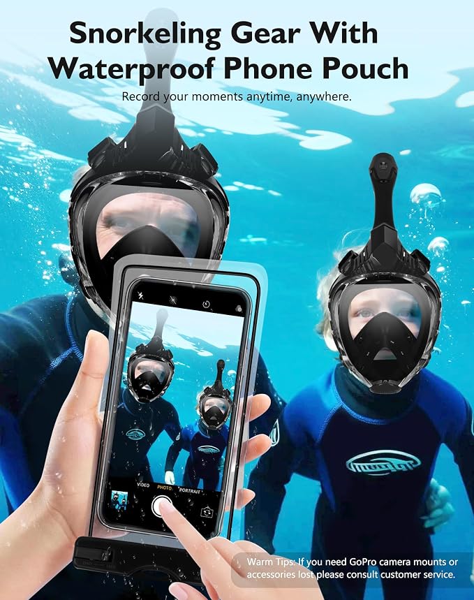 VGKE Full Face Snorkel Mask for Adults, Snorkeling Gear with Waterproof Phone Pouch, Unisex for Men and Women, 180-degree HD Panoramic View, Anti-Leak & Anti-Fog, Breathe Freely