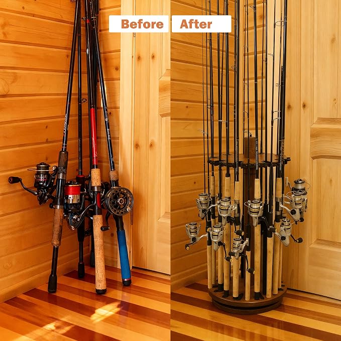 Rush Creek Creations Fishing Rod Holder - 360 Spinning Rack for Garage Organization and Storage, Pole Holder for Reels, Gear, Accessories, Tackle Box