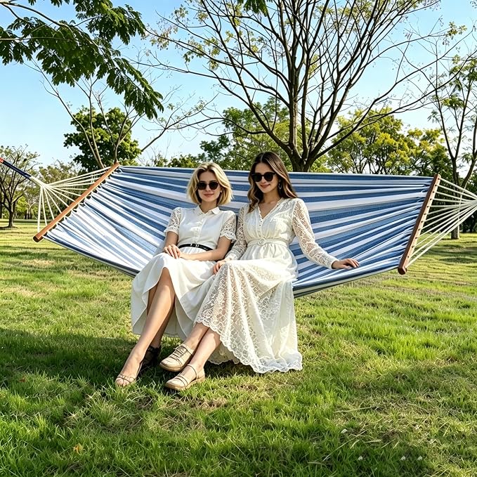 Lazy Daze Hammocks Cotton Fabric Double Hammock with 55" Spreader Bar, Portable Camping Hammock with Carrying Bag & Tree Straps for Patio, Backyard, Balcony, 450lbs Capacity, Blue & White
