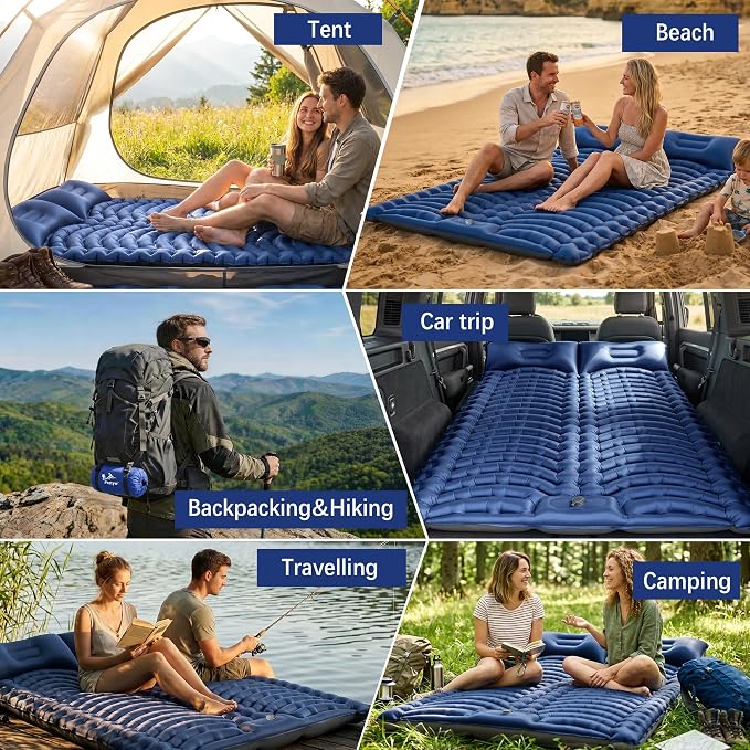 Double Sleeping Pad for Camping - Ultralight Air Mattress with Pillows, Built-in Foot Pump, Compact Inflatable 2-Person Portable Mat for Backpacking, Hiking, Tent, Car Travel, Beach,Road Trip
