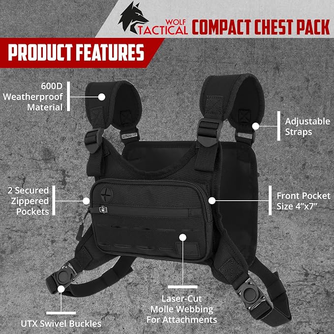 WOLF TACTICAL Men Chest Pack - Lightweight Running Vest, Water Resistant, Black