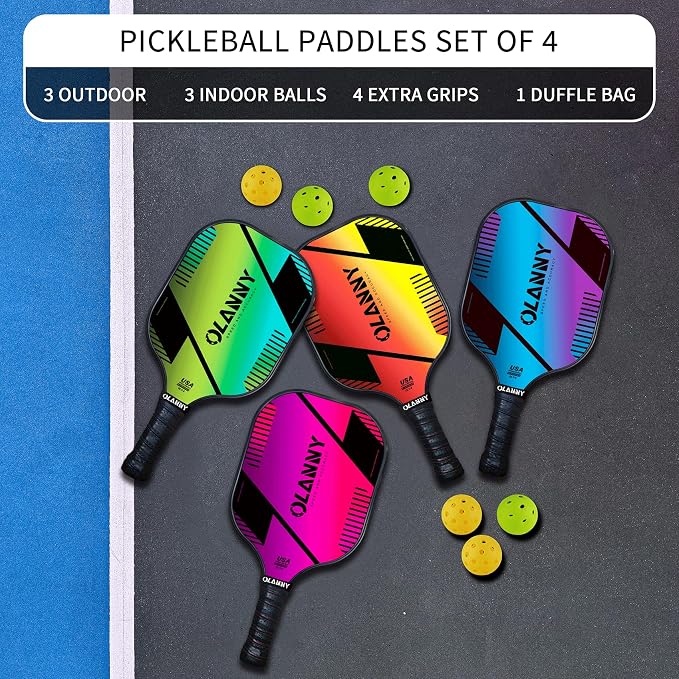 OLANNY Graphite Pickleball Paddles Set- Premium Rackets Fiber Face & Polymer Honeycomb Core Pickleball Set Includes Pickleball Paddles + Pickleball Balls+ Replacement Soft Grip + 1 Bag