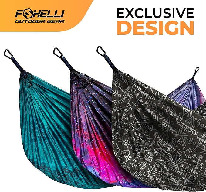 Foxelli Camping Hammock – Ultralight Hammock for Backpacking, Hiking, Festivals, Travel - Easy Setup with Tree-Friendly Ropes & Steel Carabiners, Heavy Duty Parachute Nylon