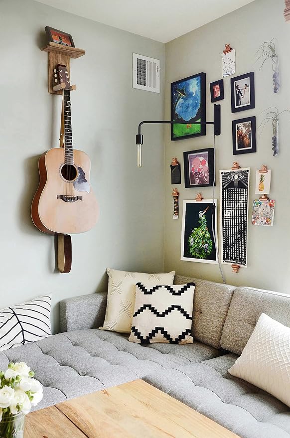 Keebofly Guitar Wall Mount Hanger with Rustic Wood Shelf- Single Pack, Wall Hook Rack for Acoustic/Electric Guitars, Bass & Ukulele, (Brown,Patented)