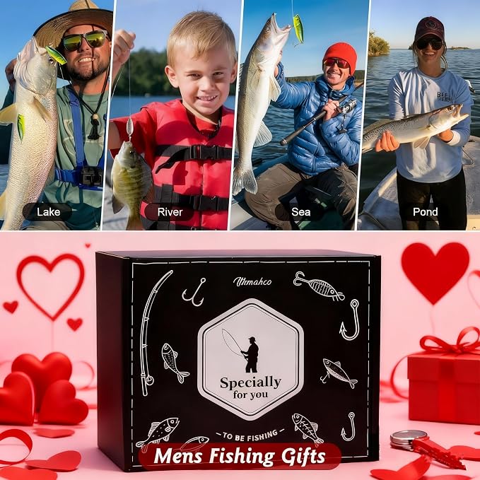 Fishing Gifts for Men Unique, Fishing Gear Accessories Gift for Men, Fisherman Gifts for Grandpa Dad, Fish Tool Kit Gift Set for Fisherman, Gear Kit with Lip Gripper, Pliers, Lures