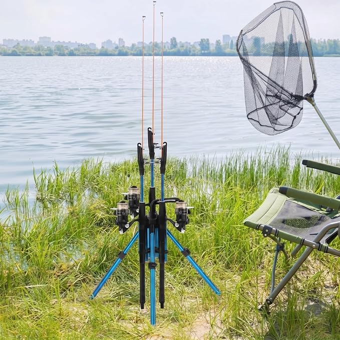 Gisafai Fishing Rod Carrier Surf Fishing Holder Foldable Pole Holder Stand 3 Rod Portable Vertical Beach Pole Storage Freestanding Rack for Fisherman Garage Home Outdoor