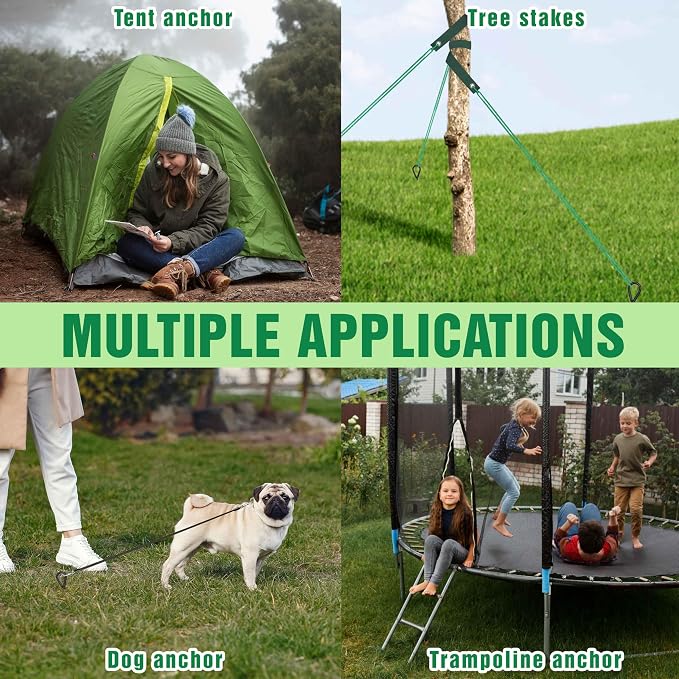 15" Ground Anchors (4pcs) Easy to Use with Drill, Heavy Duty Anchor Hook for Camping Tent, Canopies, Car Ports, Sheds, Swing Sets, Securing Animals – Black Powder Coated