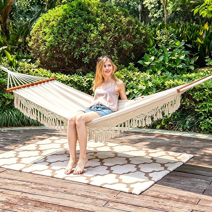 Lazy Daze Hammocks Cotton Fabric Double Hammock with 55" Spreader Bar, Portable Camping Hammock with Carrying Bag & Tree Straps for Patio, Backyard, Balcony, 450lbs Capacity, Beige