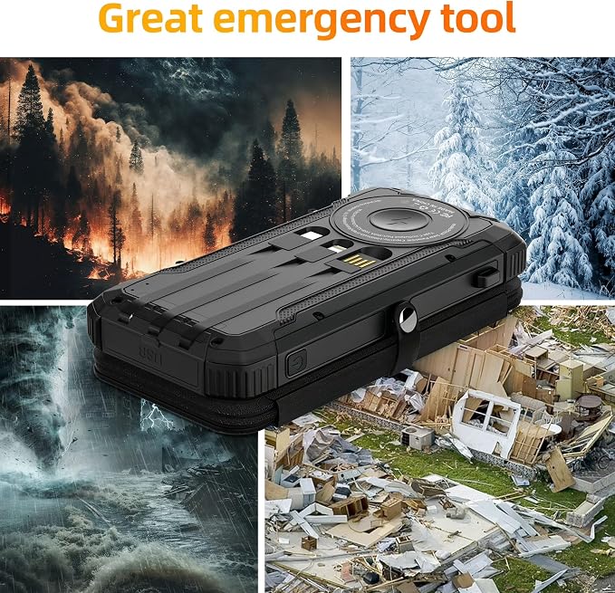 Solar Charger Power Bank Built-in 3 Cables and 4 Solar Panels, Portable Wireless Charger 10,000mAh, External Battery Pack with USB-C in/Output & Flashlight for Outdoor Camping