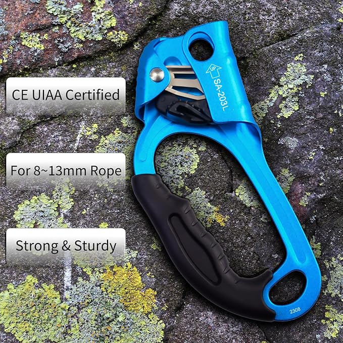 UIAA & CE Certified Climbing Rappelling Equip Hand Ascender Left Right Hand for 8-13mm Rope 4kN