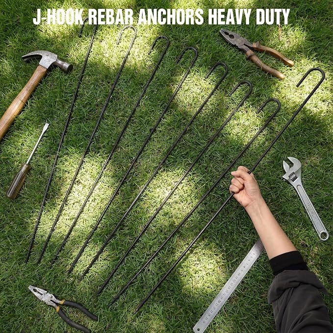 Gisafai 20 Pcs 36 Inch J Hook Rebar Stakes, Garden Ground Stakes Heavy Duty Tent Stake Ground Anchors Steel Plant Support Stake Long Straight Metal Spikes with Chisel Point End for Concrete Timber