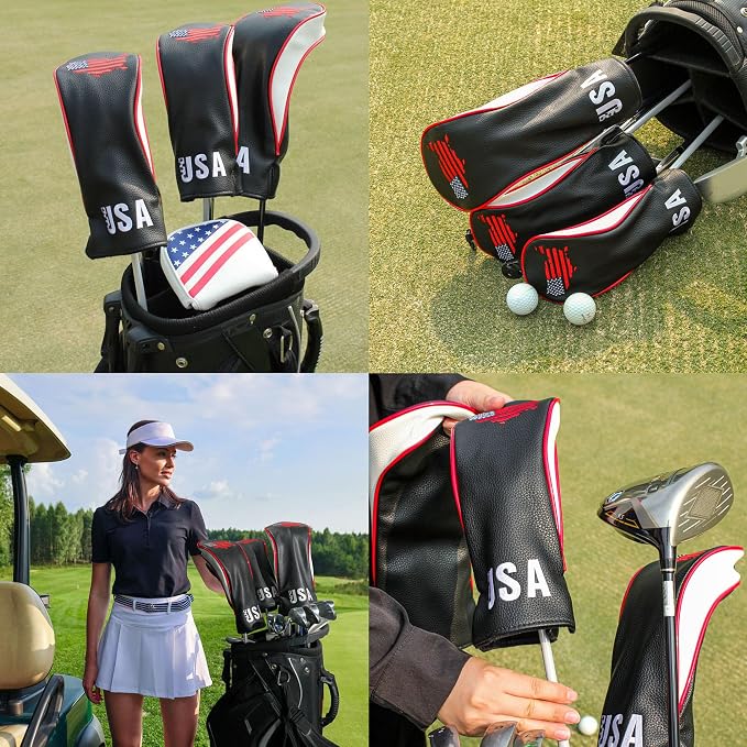 Golf Club Head Covers,4pcs or 1pc USA Golf Head Covers for Woods and Driver Fairway Hybrid - PU Leather Mallet Blade Putter for Men Women Golf Enthusiast