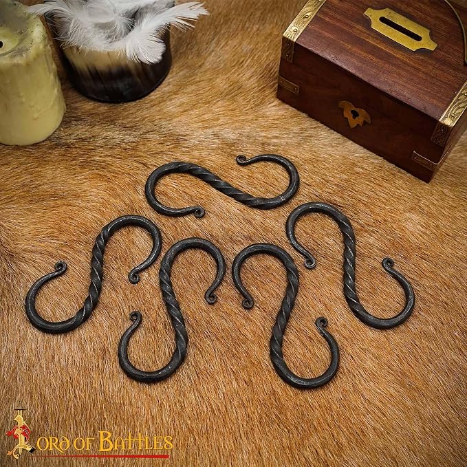 Lord of Battles Twisted Hand Forged Iron S-Hooks Set of 10 - Medieval Rustic Twisted Black S-Shaped Heavy Duty Hanging Hooks for Kitchen, Camping, Garden & Home